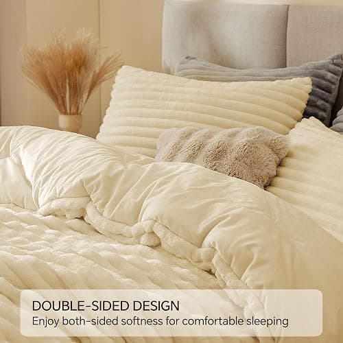 BEDELITE Fleece Queen Comforter Set -Super Soft & Warm Fluffy Beige Bedding, Luxury Fuzzy Heavy Bed Set for Winter with 2 Pillow Cases thumbnail 4