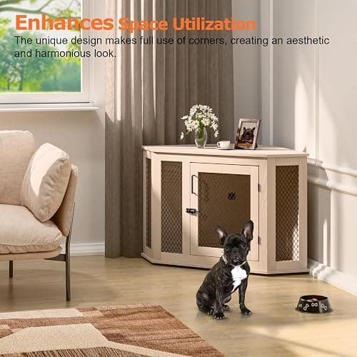 VENDORZ Corner Dog Crate Furniture, 44" Wooden Dog Kennel Furniture End Table with Mesh, Dog Kennel Indoor Furniture for Small Medium Dogs, Modern Decorative Wood Pet House Dog Cage Crate, White thumbnail 3