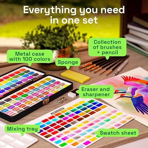 ARTISTRO Deluxe Watercolor Paint Set with Palette & Brush Pens - 100 Colors | Travel Watercolor Paint Set, Portable Painting Kit for Adults, Artists & Kids, Professional Watercolor Supplies thumbnail 2