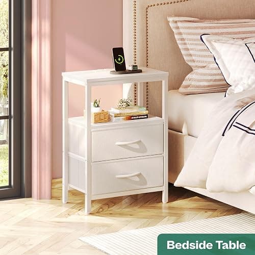 Huuger Nightstand with Charging Station, Side Table with 2 Fabric Drawers, End Table with Open Shelf, Bedside Table with USB-C Port and Outlets, Night Stand, PU Leather, White thumbnail 4