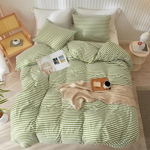 mixinni Striped Comforter Set Twin XL Size - Green White Stripes Pattern Bed Set for All Season, 3 Pieces Lightweight Bedding Comforter Sets for All Seasons (1 Soft Fluffy Comforter + 2 Pillowcases) thumbnail 6