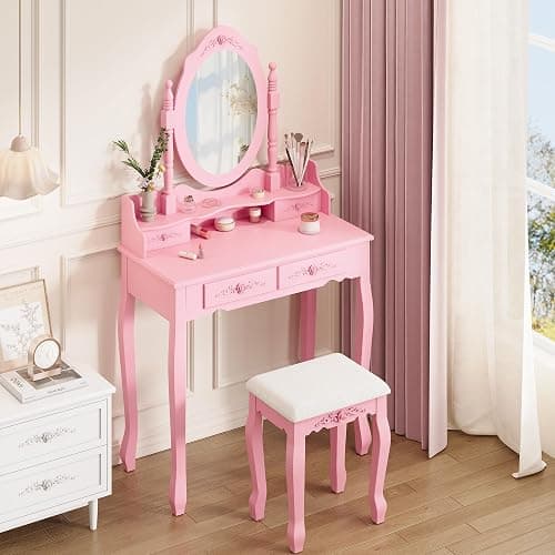 Alohappy Vanity Desk Set with Mirror & Stool for Girls, Makeup Vanity Table and Cushioned Stool Set with 4 Drawers, Wood Dressing Table for Bedroom (Pink) thumbnail 8