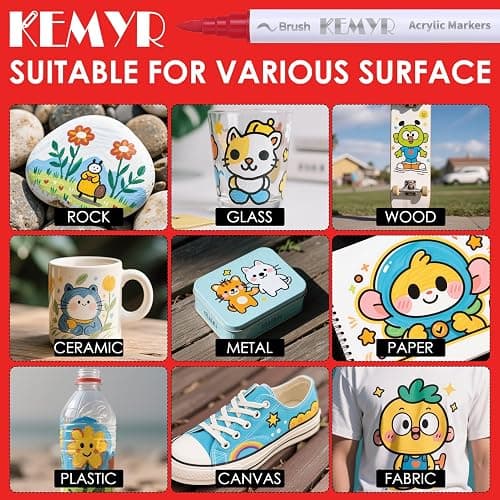 KEMYR 100 Colors Acrylic Paint Pens, Dual Tip brush and fine tip Acrylic Paint Markers for Paper, Wood, Canvas, Stone, Rock Painting, Glass, Fabric, DIY, Ceramic, Art Supplies thumbnail 5