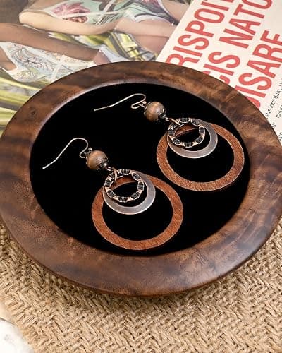 Wooden Earrings for women with Copper and Wood Circle dangle Lightweight Geometric Brown Earrings for Western Bohemian ethnic style thumbnail 6