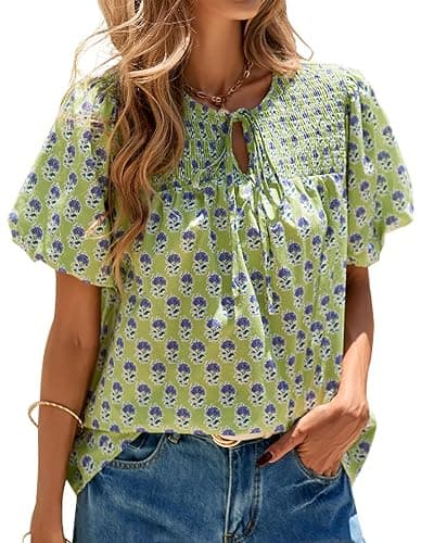KIRUNDO Boho Tops for Women Summer 2026 Dressy Floral Blouse V Neck Drawstring Short Sleeve Shirts Beach Vacation Clothes - Image 1