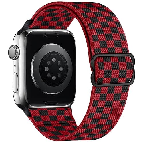 MITERV Stretchy Nylon Loop Bands Compatible with Apple Watch 38mm-49mm, iWatch Series 1-10, SE, Ultra; Sport Loop Design; Unisex; Black with Red, Graphic Print; 9.5 inches; Adjustable Fit - Image 1