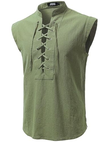 JOGAL Mens Renaissance Shirt Pirate Medieval Sleeveless Halloween Costume Steampunk Viking Lace-up Stand Collar Shirts thumbnail 4