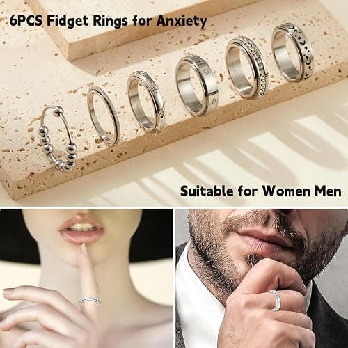 LOFITOR Fidget Rings for Anxiety 6pcs Stainless Steel Spinner Ring Anti Anxiety Ring Spinning Moon Star Cool Stress Relieveing CZ Rings for Women Men Band Rings Set thumbnail 3