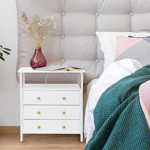 Edbuosy 3 Wooden Drawers Night Stand, 27 Inch Wide Nightstand with Charging Station and Adjustable Drawers, Small Dresser for Closet, Bedside Table for Living Room/Bedroom/Office, White. thumbnail 7