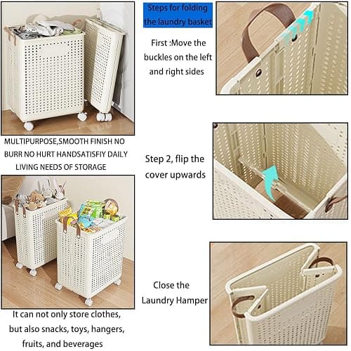 WESAPPINC Collapsible Extra Large Laundry Hamper, Plastic Laundry Basket with Wheels,Suitable for Bathroom, Bedroom, Dorm Room & Laundry Room,Basket with Handle (Cream color) thumbnail 5