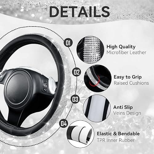 CAR PASS Bling Diamond Leather Steering Wheel Cover, with Bling Sparkly Crystal Glitter Rhinestones Universal Fit 14.5in-15in Car Wheel Protector for Women Girl Fit Suvs,Vans,Sedans,Car,Trucks, Silver thumbnail 5