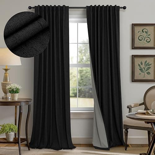 Black Curtains 84 Inches Long for Bedroom 2 Panel Set Linen Textured Total Blackout Thermal Insulated Darkening Dark Curtains Black Out Shades for Living Room Floor Length Window Drape Back Tab Pocket - Image 1