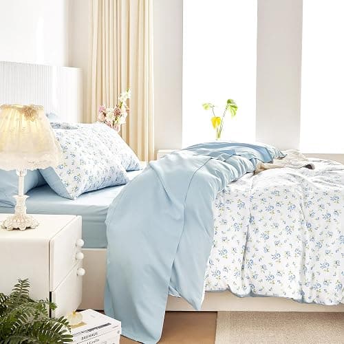 Wake In Cloud - Coquette Duvet Cover Set, Floral Cottagecore Flower Shabby Chic Cute Aesthetic, Soft Lightweight Bedding for Women Teen Girls, 3-Piece, White Blue, Twin/Twin XL Size thumbnail 3