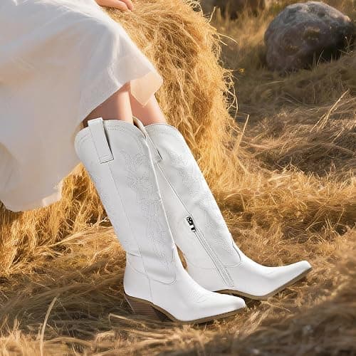 IDIFU IN3 Cowboy Boots for Women Cowgirl Knee High Western Embroidered Booties Side Zipper Low Block Chunky Heel Pull on Pointed Toe Tall Booties Comfy Dress Long Boots thumbnail 3