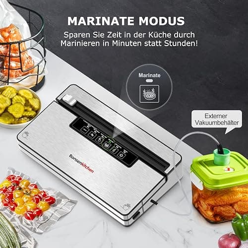Bonsenkitchen Vakuumierer, 125W Vakuumiergerät mit 5 Modi, 8 L/Min | Globefish-Technologie für Kontinuierliches Arbeiten mit Hoher Geschwindigkeit, 5 Vakuumbeutel und 1 Rollbeutel thumbnail 8