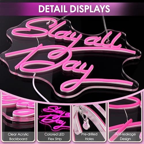 Teen Girl Gifts, Slay All Day Neon Sign Pink Aesthetic Slay LED Lights and USB Powered Bright Dimmable Funny Y2k Signs for Teenage Preppy Dorm Room Women Bedroom Downtown Coquette Room Wall Decors thumbnail 7