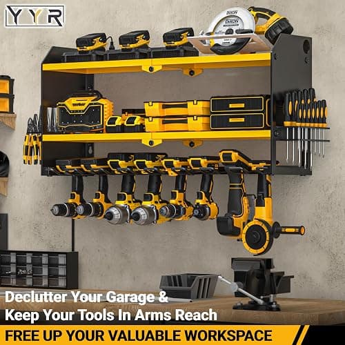 YYR Power Tool Organizer with Charging Station Wall Mount, Cordless Drill and Battery Holder for Garage Organization, Electric Tools Storage Rack Build in Surge Protection Power Strip - Yellow Shelf thumbnail 2