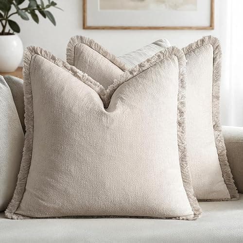 MIULEE Decorative Throw Pillow Covers Neutral Linen Fringe Throw Pillows Euro Shams Set of 2 Natural Beige Boho Farmhouse Cushion Covers for Couch Sofa Bed Living Room Spring Home Decor 24x24 Inch - Image 1
