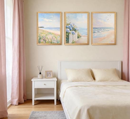 Wood Framed Pastel Coastal Wall Art Pink Beach & Blue Hydrangea Pictures Wall Decor Ocean Wildflowers Posters Summer Beachy Preppy Painting Print Artwork for Beach House Bedroom Dorm Apartment thumbnail 7