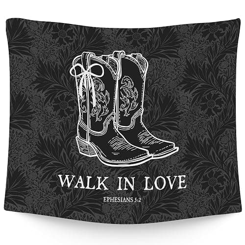 WAITPI Christian Western Cowgirl Boots Bow Hanging Wall Tapestry for Girly Room Bedroom Decor, Black Walk in Love Trendy Walls Tapestry, Floral Wall Hanging for Teen Girls Dorm Y2k Room Decor 50x60in - Image 1