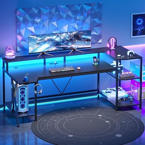 SEDETA Gaming Desk 70.8'' with LED Lights and Storage Shelves, Computer Desk with Monitor Stand, Power Outlets and Cup Holder, Large PC Gamer Desk, Gaming Table for Bedroom, Living Room, Black thumbnail 10
