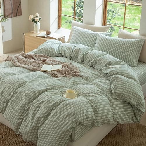BESTDESIL Sage Green and White Striped Duvet Cover,100% Washed Cotton Breathable and Linen Like Bedding Set(Strip-Sage Green/White,Full Size) thumbnail 7