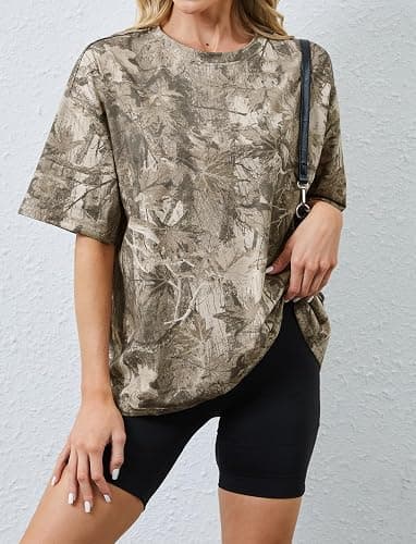calbatic Camo Print Oversized T Shirts for Women Short Sleeve Graphic Print Crew Neck Baggy Shirts Cute Tunic Tee Tops thumbnail 3