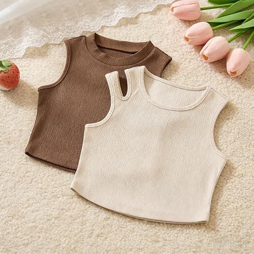 ROMPERINBOX Girls Tank Top 2 Pack Cotton Ribbed Tween Sleeveless Crop Tops for 8-12 Years, Crew Neck Summer Basic Tops thumbnail 5