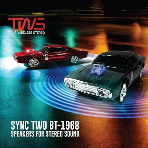 QFX Bluetooth 1968 Retro Muscle Car Replica Speaker, Dual 2-inch Speakers, Hands Free Link, Built-in Microphone, FM Radio and LED Party Lights, Black - BT-1968-BLK | Dual 2" Speakers, Hands-Free Link, Built-In Microphone, FM Radio, LED Party Lights thumbnail 5