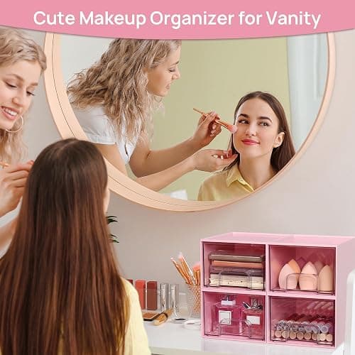 Vtopmart 4Pack Small Stackable Storage Drawers, Bathroom Makeup Organizer,Plastic Storage Bins For Vanity, Undersink, Kitchen Cabinet, Pantry, Home Organization(Pink) thumbnail 3