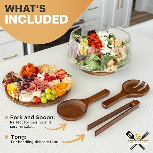 Oria Cook Large Glass Salad Bowl with Lid Set, 5.7 L Decorative Glass Mixing Bowl, Trifle and Serving Bowls with Lids as Cheese Charcuterie Board and Plate, Comes with Wood Serving Utensils thumbnail 3