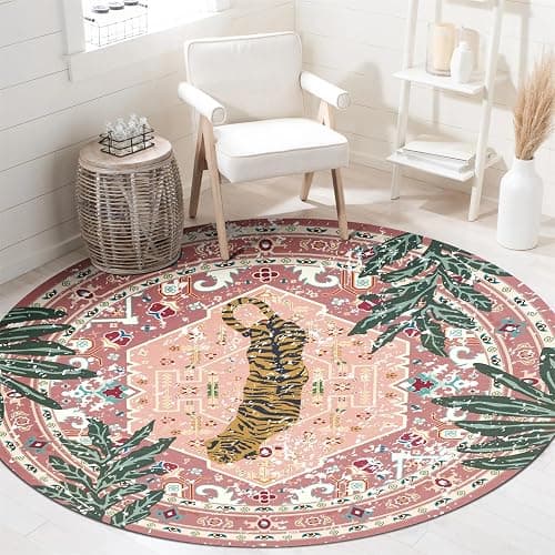 Aldopein Washable Pink Rugs Thin Oriental Boho Vintage Cute Tropical Leopard 6ft Round Area Rugs for Bedroom Kitchen Dining Living Room Office Indoor Entryway Distressed Nursery Circle Carpet - Image 1