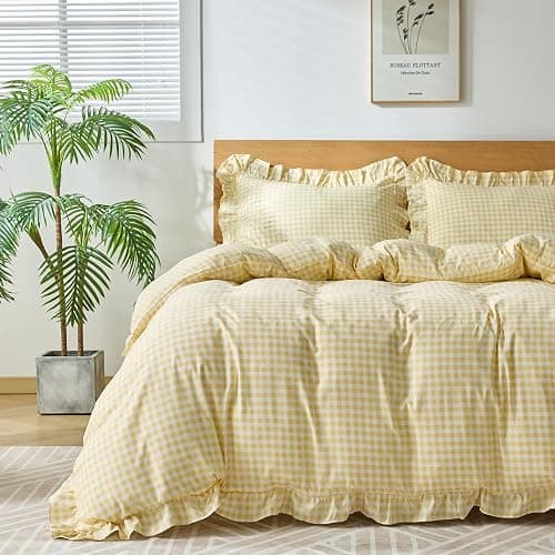 kisswish Gingham Duvet Cover Full Size, 3 Pieces Soft Breathable Microfiber Plaid Comforter Cover with Zipper Closure & 2 Pillow Shams, Ruffle Farmhouse Vintage Decor, Yellow - Image 1