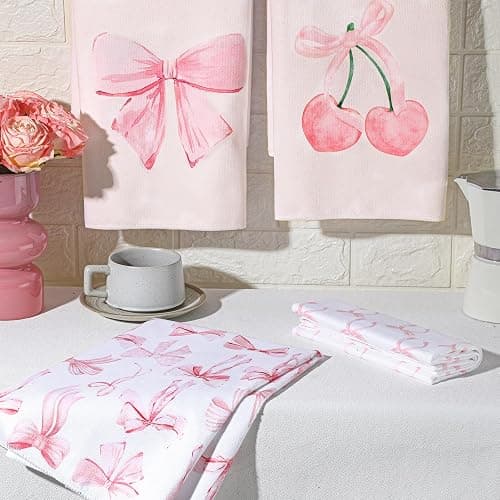 Macarrie 4 Pcs Coquette Kitchen Towels Microfiber,Pink,Bow | Ideal for Drying Cleaning Dishes, Decorative Farmhouse Style, Soft Absorbent Hand Towel Set, Cute Design, Housewarming Gift thumbnail 5