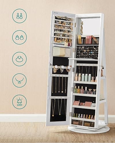 SONGMICS JJC007W01 Schmuckschrank mit Spiegel auf Füßen, abschließbar, mit 6 LEDs, Schmuckaufbewahrung, um 360° drehbar, rahmenlos, 3 Ablagen, weiße Oberfläche, schwarze Innenauskleidung thumbnail 5