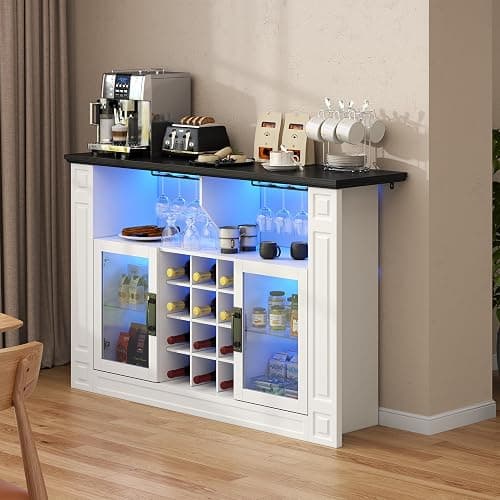 Gyfimoie Wine Bar Cabinet with LED Light, Kitchen Coffee Bar Cabinet with Glass Rack and Removable Wine Racks, Liquor Cabinet with Glass Door, Home Bar with Storage for Dining Room, Living Room thumbnail 7