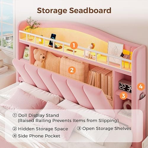 Full LED Bed Frame with Storage Headboard & 2 Storage Drawers, Princess Velvet Upholstered Bed with Vertical Tufted Headboard Design for Girls, USB & Type-C Charging Ports, Wooden Slats Support, Pink thumbnail 4