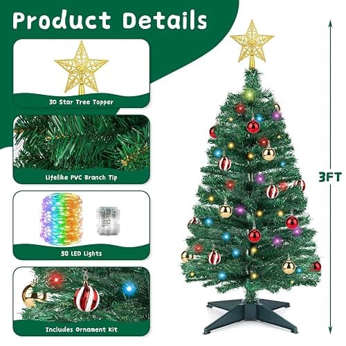 3 FT Small Christmas Tree with Lights, 12 Lighting Modes, Timer&Ornaments, Mini Fake Artificial Xmas Tree for Tabletop, Home, Office, Christmas Decoration Tree Decor thumbnail 3