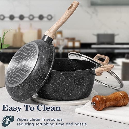 SODAY 12 Pcs Pots and Pans Set, Nonstick Cookware Sets Black Granite Induction Cookware, Non-toxic Healthy Non Stick Kitchen Cooking Set with Frying Pans Set, Saucepans,Steamer (PFAS, PFOA, PFOS Free) thumbnail 2
