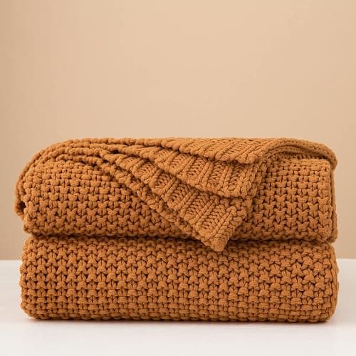 Chunky Cable Knit Throw Blanket Lightweight Burnt Orange 100% Organic Cotton Blanket for Sofa Couch Bed Baby Nursery, Rustic Shabby Chic Modern Farmhouse, 51” x 63” Give Laundering Bag thumbnail 5