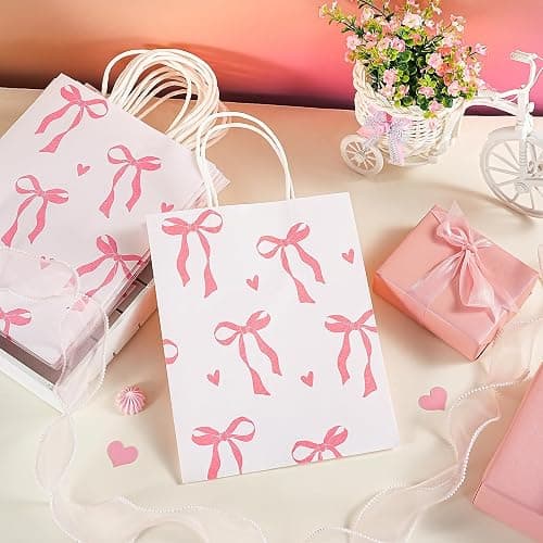 Loveinside Light Pink Bow Paper Gift Bags, Bow Ribbon and Heart Design with Handles Grocery Shopping Bags Candy Goodie Bags for Baby Shower, Birthday, Wedding, Anniversary, 8" x 4" x 10", 12 Pcs thumbnail 6