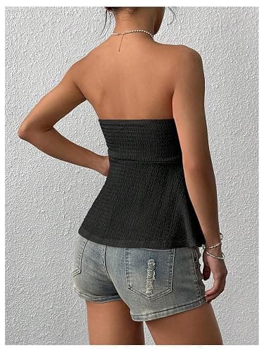 SHENHE Women's Y2k Peplum Tube Top Ruffle Hem Ruched Bandeau Tank Strapless Going Out Top thumbnail 3