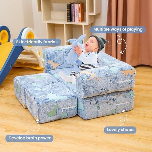 furlinkhm Toddler Couch, Glow in The Dark Kids Play Couch Toddler Fold Out Couch, Kids Fold Out Couch for playroom, Convertible Baby Fold Out Play Foam and Floor Cushion for Bedroom, Blue+Dinosaur - Blue+dinosaur - Toddler Couch thumbnail 8