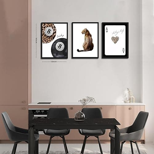 Framed Trendy Leopard Wall Art Set of 3, Funky Preppy Cheetah Wall Decor Paintings, Fashion Lucky 8 Posters Prints Pictures for Living Room Bedroom Dorm 12x16 Inch Black Wood Frame thumbnail 3