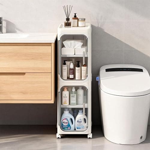 2-Tier Narrow Storage Cabinet Slim Bathroom Skinny Organizer with Wheels | Slim Storage Cabinet with Lockable Rolling Wheels Adjustable Detachable Shelves Snap Assembly for Small Spaces,Snow White - Image 1