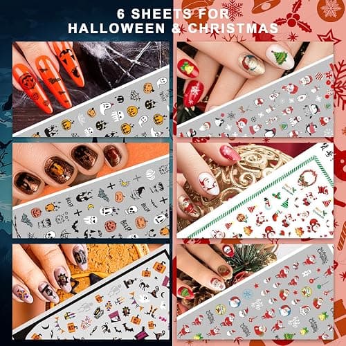 Whaline 18 Sheets All Season Nail Art Stickers Easter St Patricks All Holiday Valentine Day Fall Halloween Winter Christmas 4th of July Self-Adhesive Nail Decals for DIY Manicure Party Decor thumbnail 4