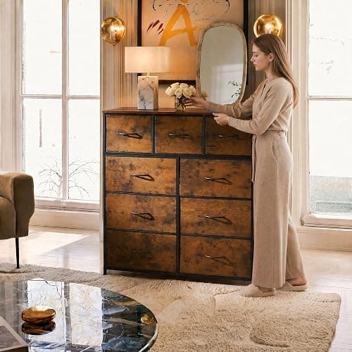 WLIVE Tall Dresser for Bedroom, 9 Drawer Chest of Drawers, Rustic Brown | 9 roomy fabric drawers, Tall storage design, Bedroom or closet use, Sturdy steel frame, Smooth wood tabletop thumbnail 2