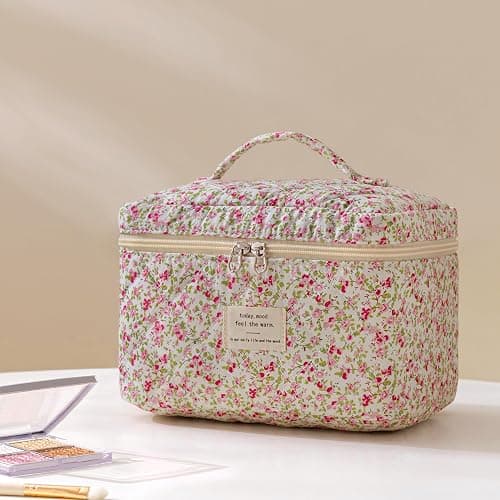 HBselect Quilted Makeup Bag, 3PCS Cotton Large Travel Makeup Bag, Cute Floral Coquette Make up Bag Cosmetic Bag Toiletry Bag for Women Girls thumbnail 5
