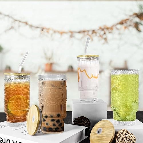 Icesip 4 Pcs 16 oz Glasses Cups Set with Bamboo Lids Straws Brush Hobnail Glassware Set for Juice Iced Coffee Beer and Cocktail Whiskey thumbnail 2