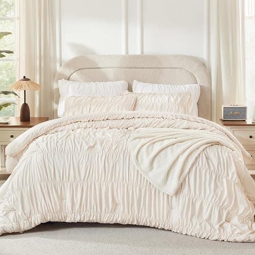 Andency Ruched Beige Full Size Comforter Sets, Shabby Chic Pleatd Bedding Sets 3 Pieces, Lightweight Soft Boho Ruffle Bed Set for Girls, Kids, Women, All Season thumbnail 8